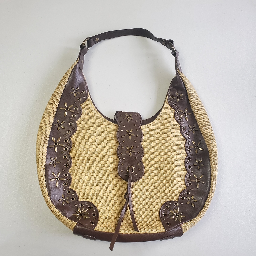 Isaac Mizrahi Brown and Tan Floral Hobo Bag